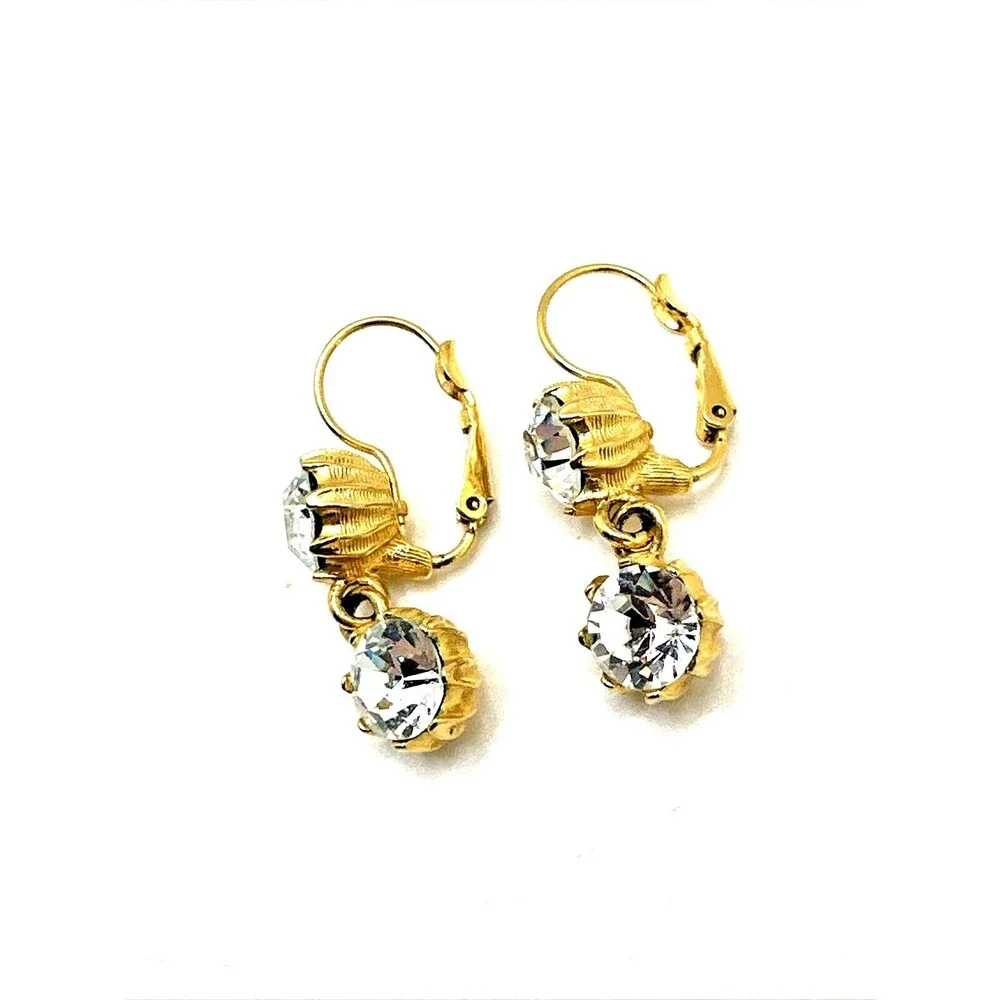 Vintage Bijoux Tempo Crystal Rhinestone Dangle Earrings Gold Tone Pierced 1.5”
